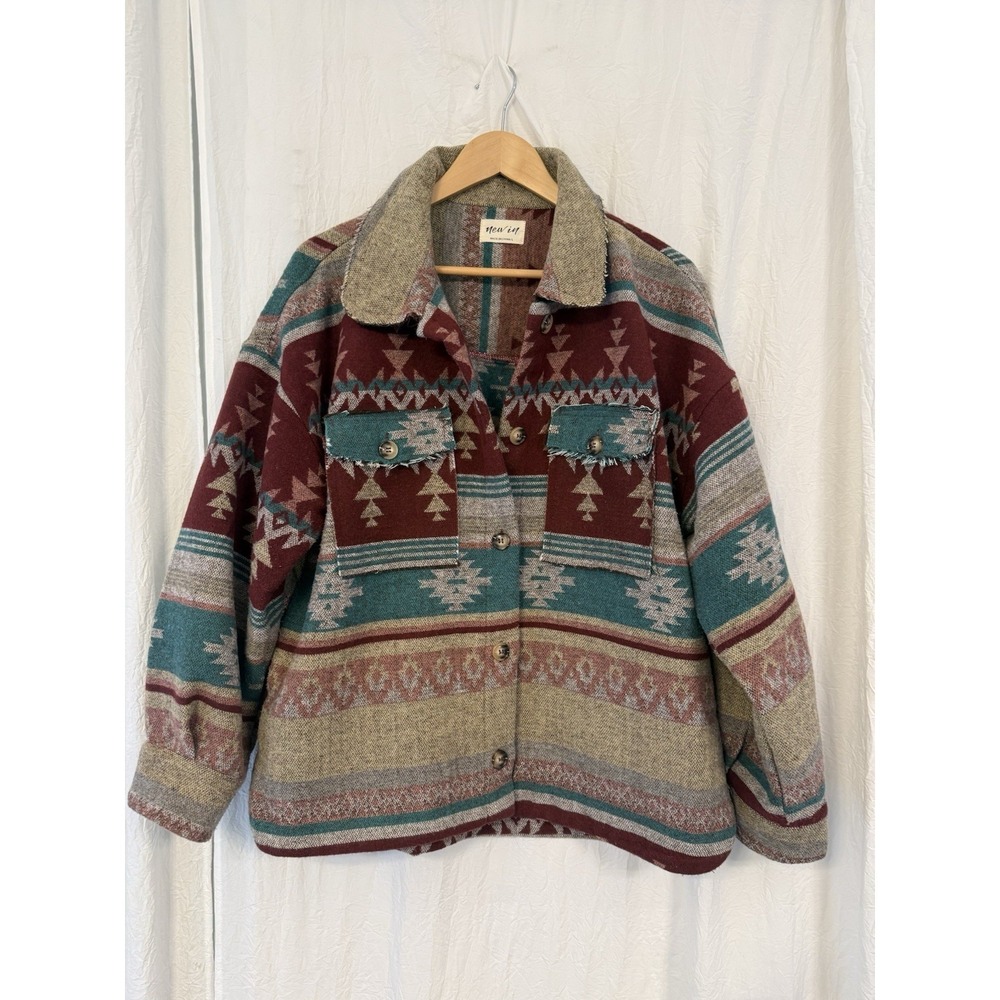 New In Jacket Womens Large Aztec Southwest Tweed Cozy Jacket Taupe Red Turquoise